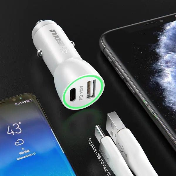 18W PD USB-A + C Fast Adapter LED Car Charger